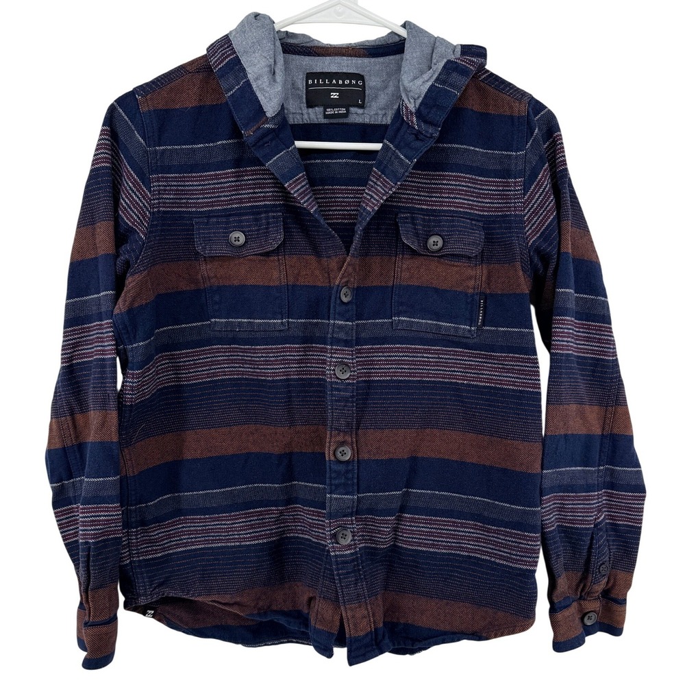 Billabong Hooded Flannel Shirt Youth‎ L Plaid Button Up Missing Button